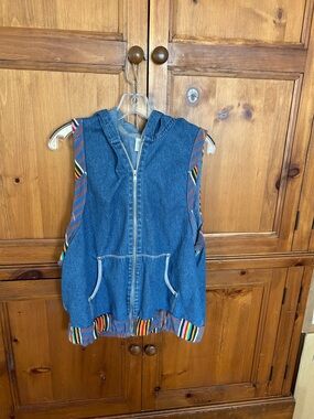 Denim Hooded Zip-Front Vest with Multicolor Trim. Hand stitched . Super cute